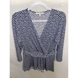 Chaus Dress Blouse Women’s Size Medium Blue Squares Crossover Pleated Waist